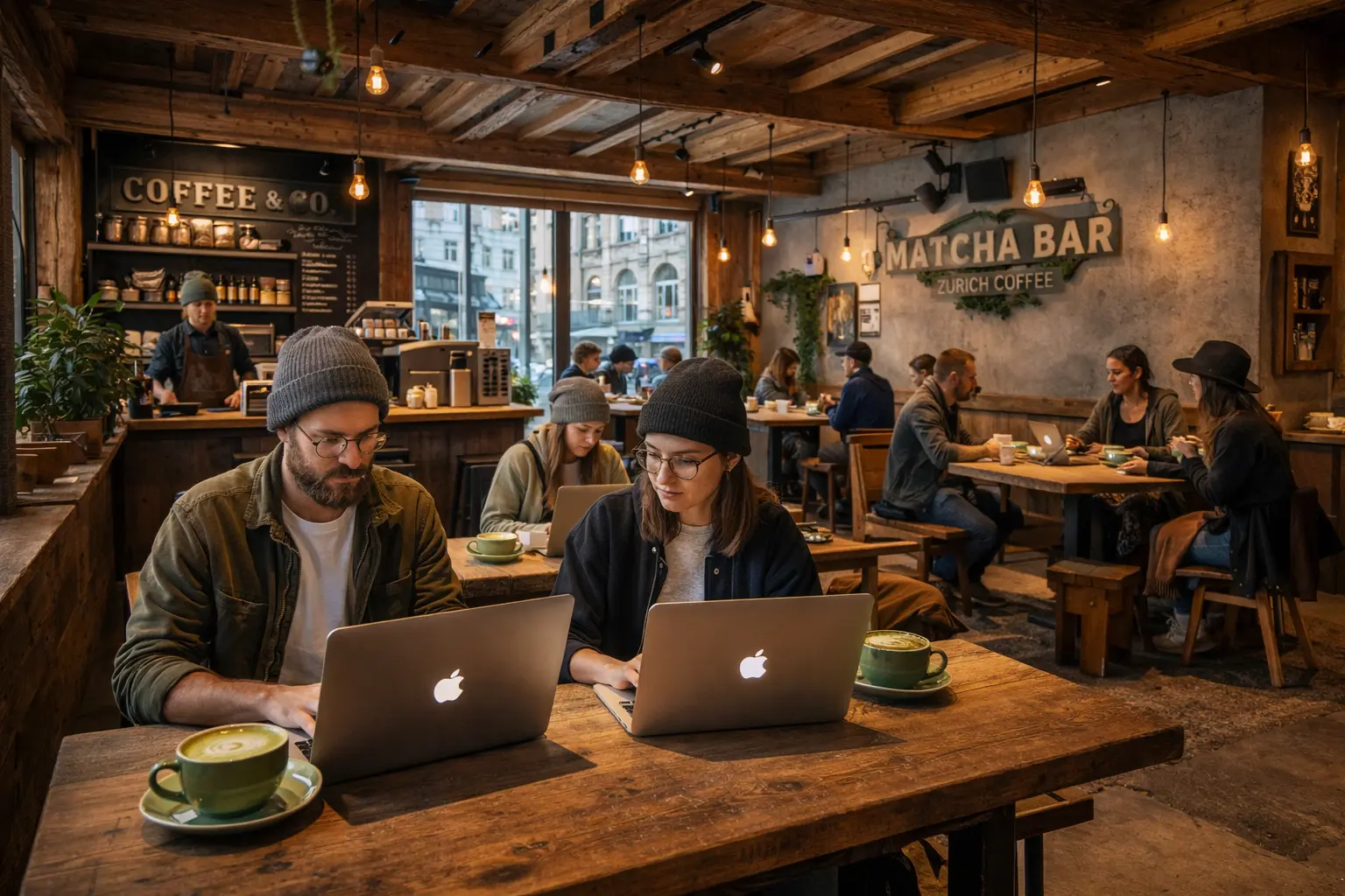 Freelancer arbeitet im Café mit dem Magic Heidi Rechnungsprogramm
