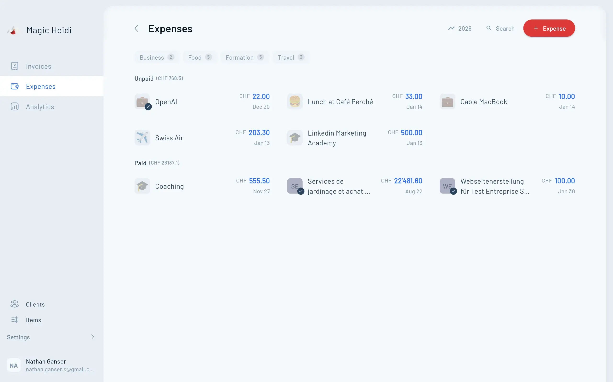 Magic Heidi expense overview with VAT breakdown