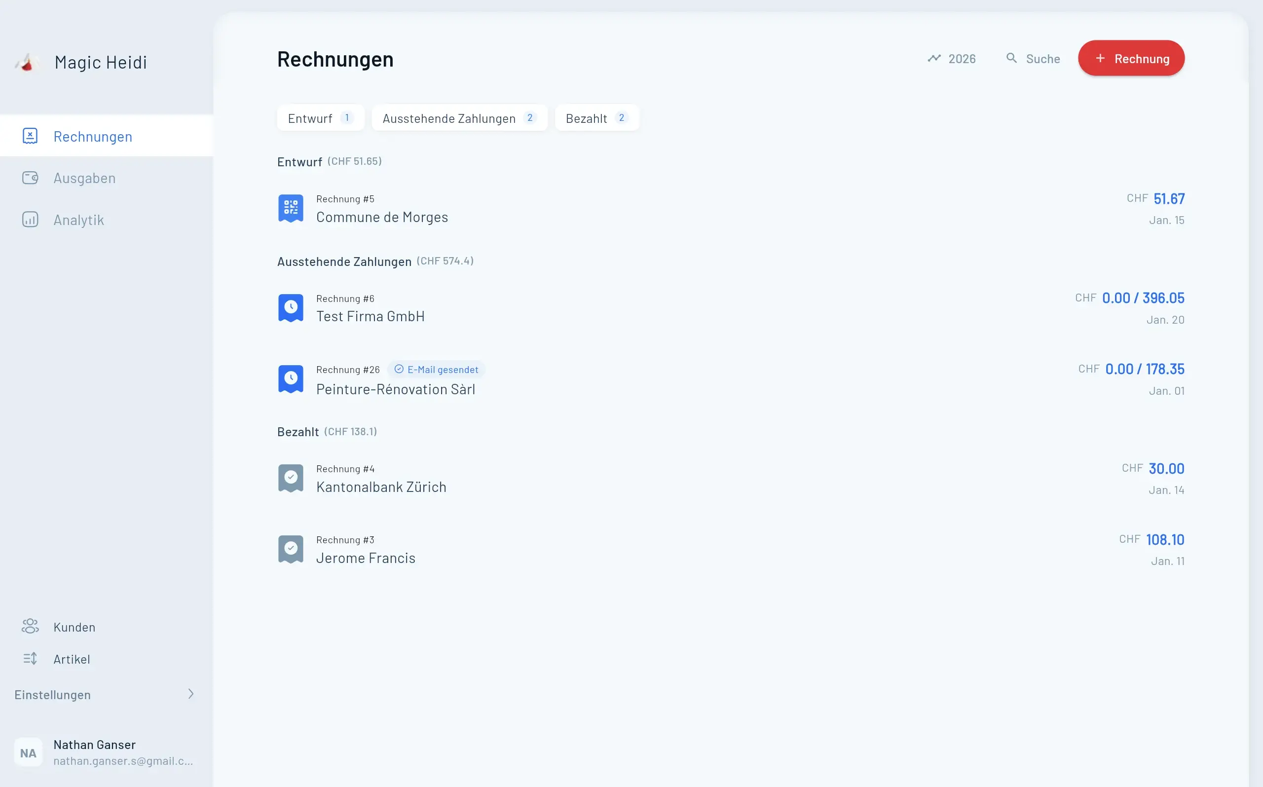 Magic Heidi Buchhaltungssoftware für Freelancer Schweiz, Rechnungsübersicht