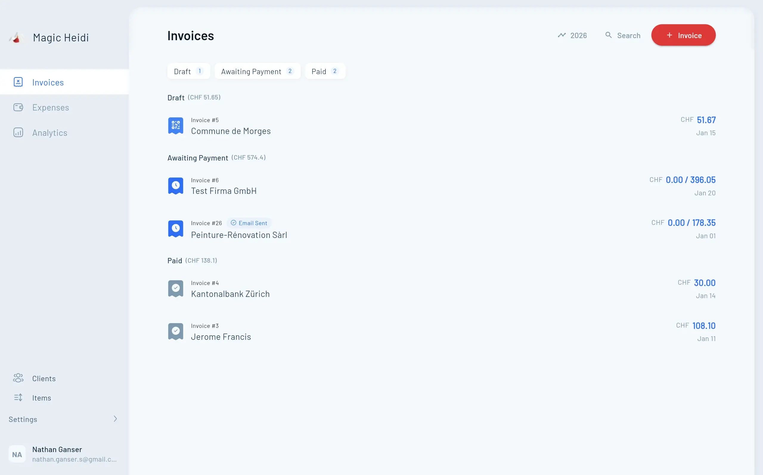 Magic Heidi accounting software for freelancers in Switzerland, invoice overview